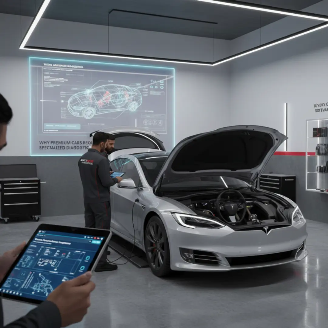 Specialized OBD tool diagnosing Audi at Best Car Garage in Ajman, highlighting Auto Repair Ajman precision and Best car detailing Ajman.