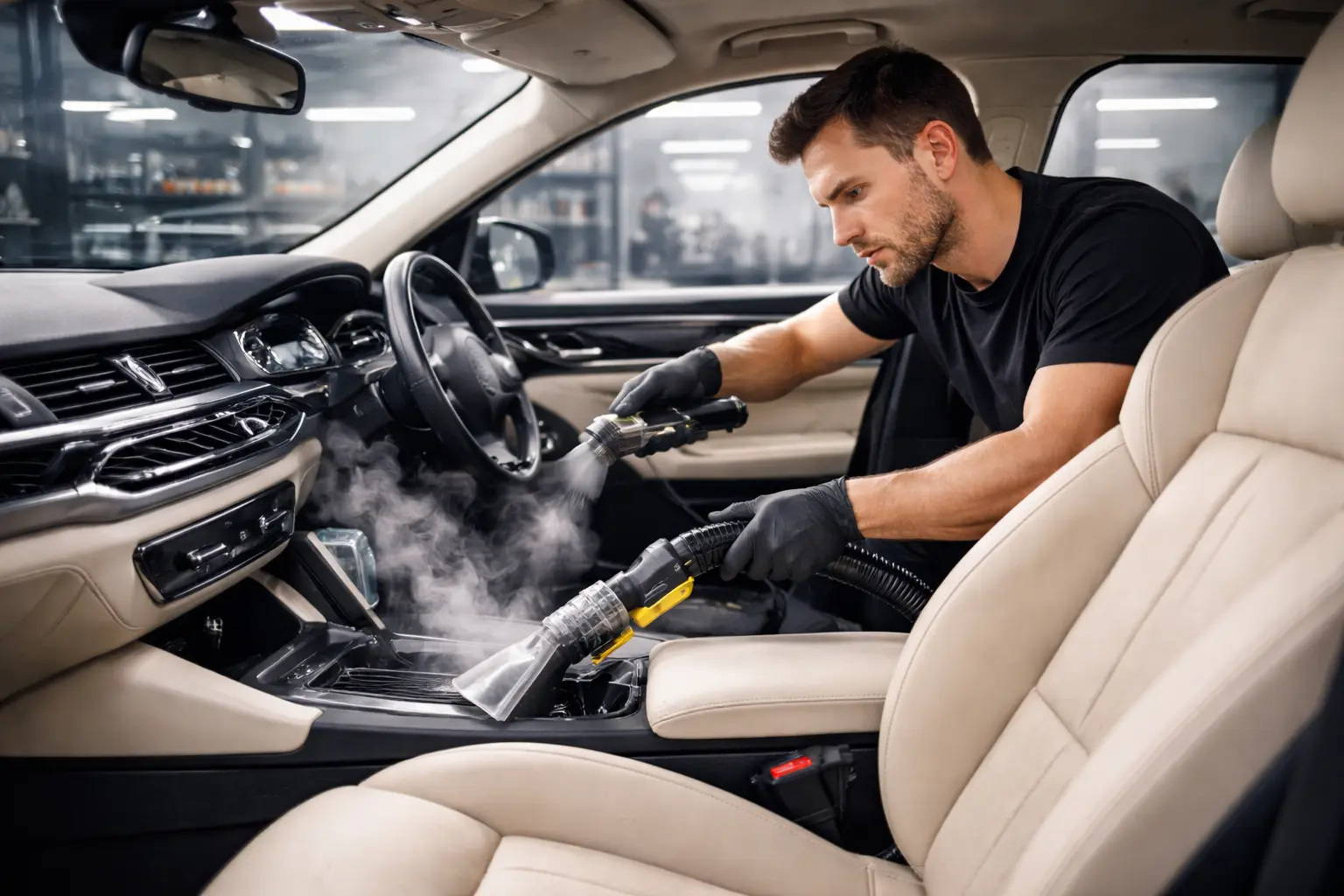 Professional car deep cleaning Ajman service with expert interior detailing in a premium workshop