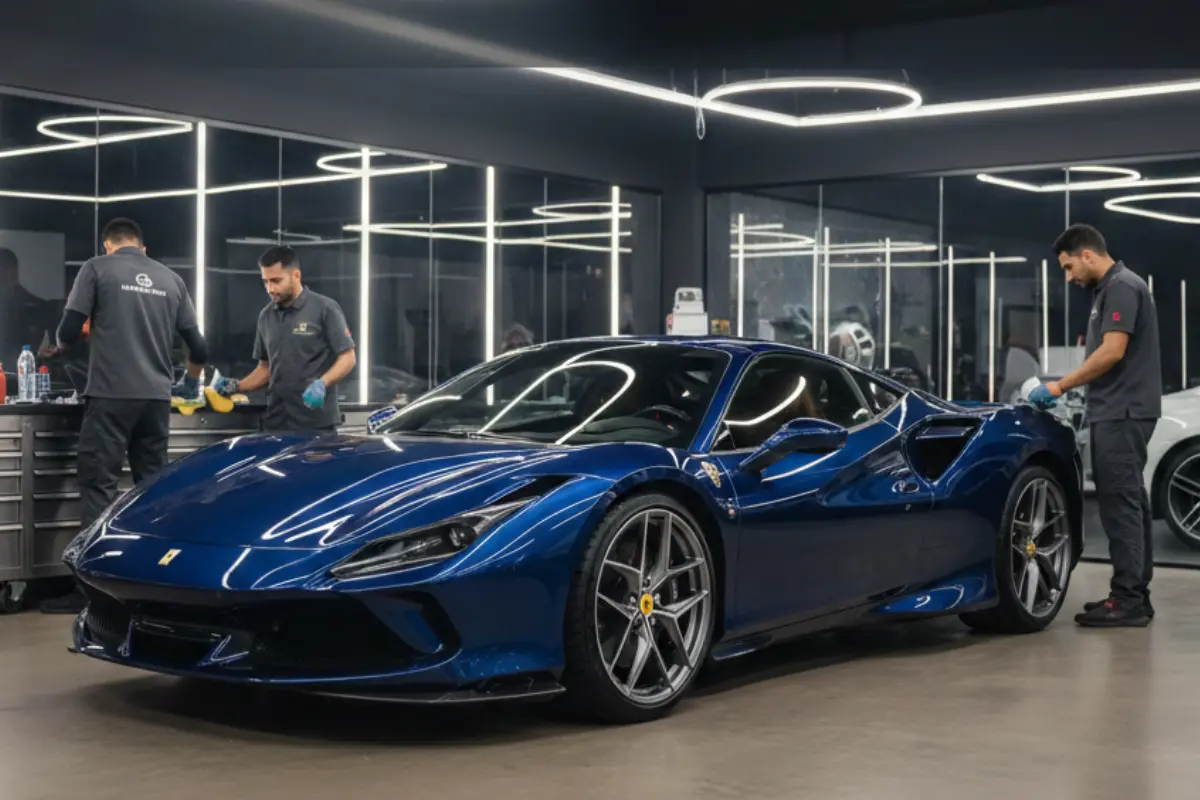 High-end vehicle with showroom finish inside a professional ajman car workshop